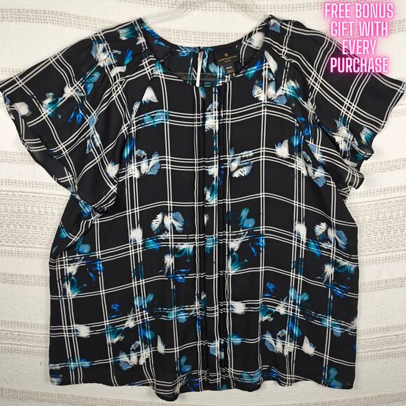 Worthington Petite Black Blue Plaid Floral Blouse Top Size XL - Picture 1 of 7